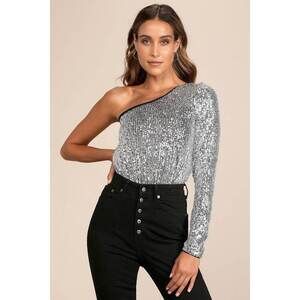 Lulus Dancing Diva Black And Silver Sequin One-shoulder Bodysuit - Size M